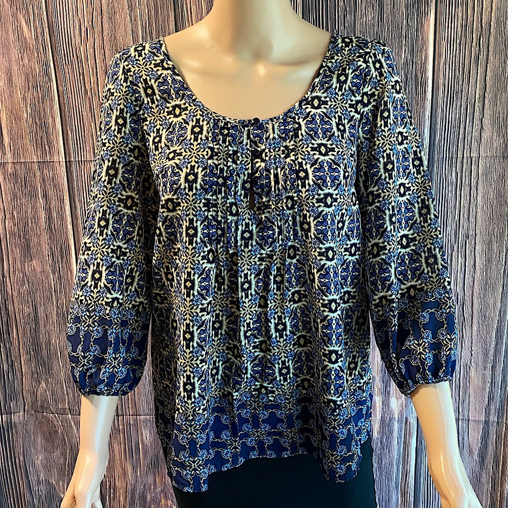 Hem & Thread blue & yellow boho retro pattern flowy fun blouse size medium